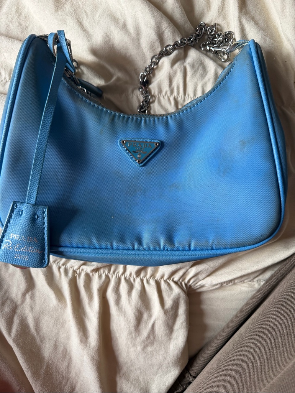 Prada Sky Blue Nylon Shoulder Bag with Silver Chain